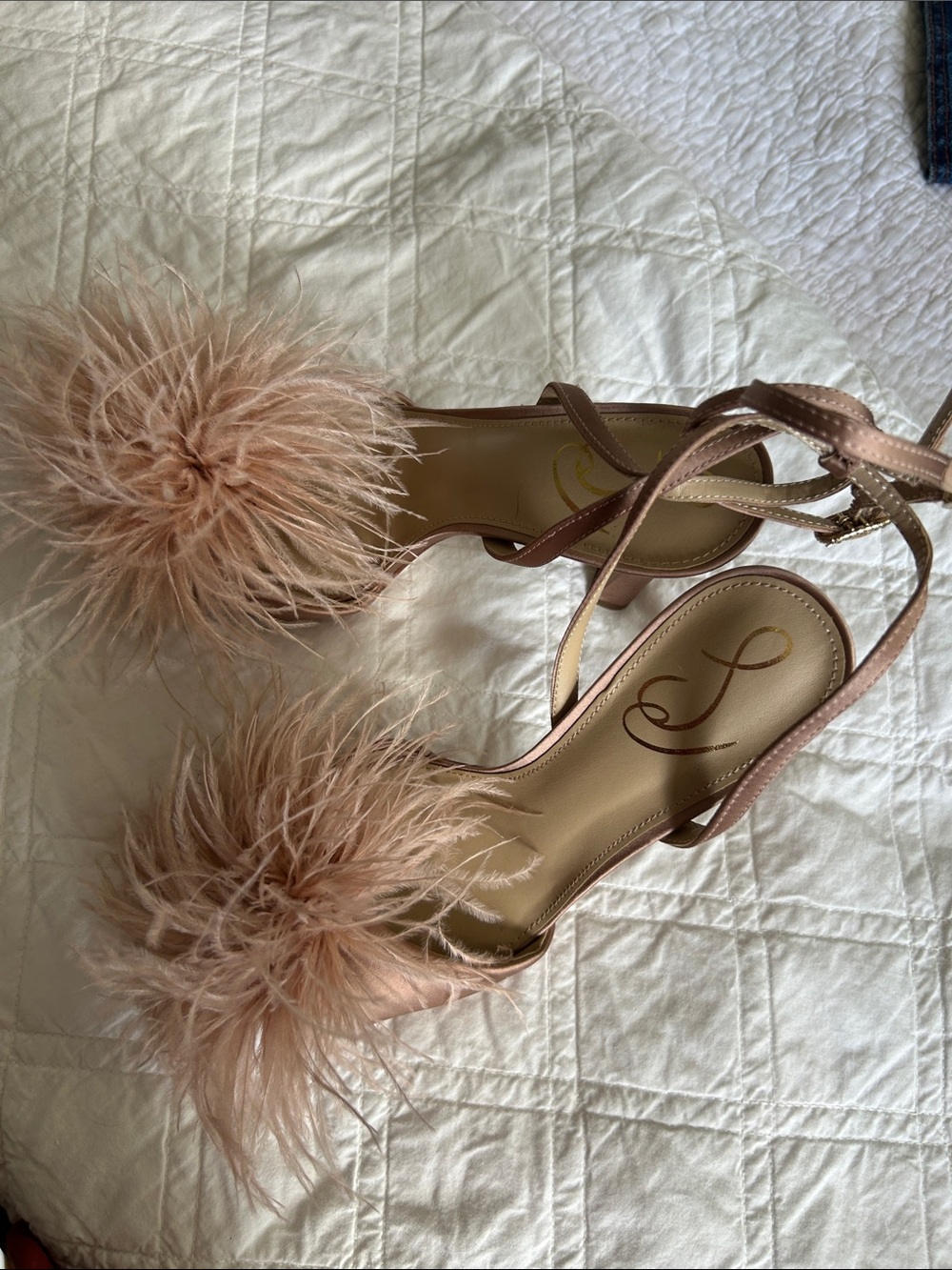 Sam Edelman Leon Praline Ankle Strap Feather Heels Sz 8
